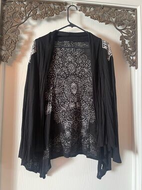 Black Open-Front Women's Cardigan with White Paisley Print